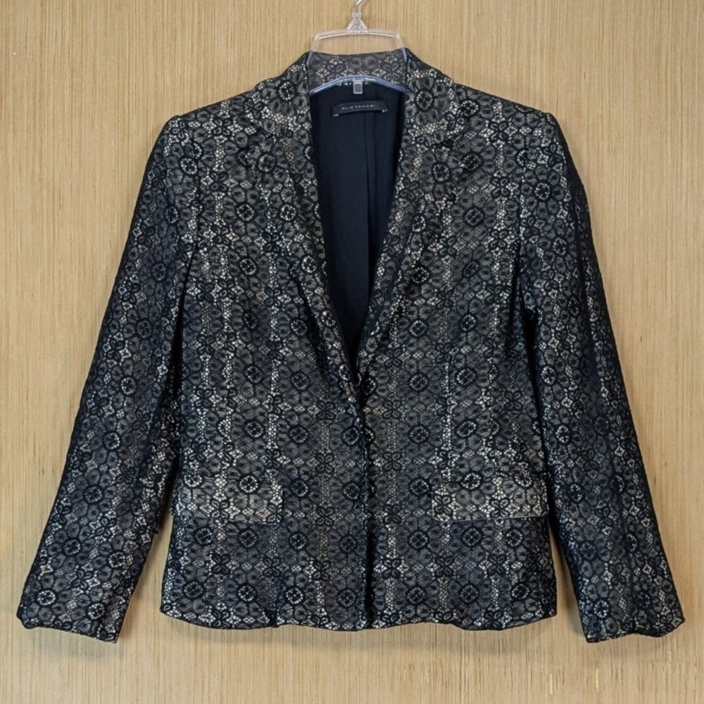 Elie Tahari Blazer Jacket Womens 8 Black Floral Lace Chic Designer Career Formal